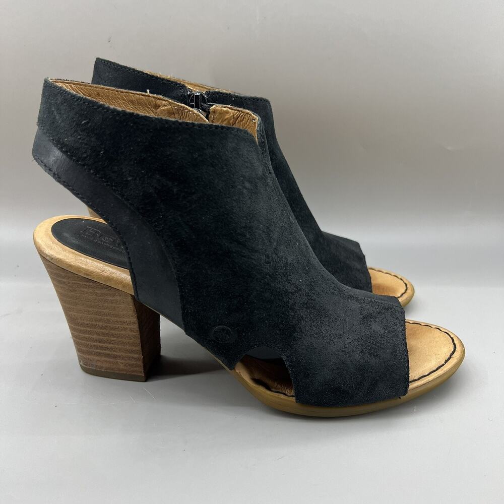 Born Carme Cutout Peep Toe Heels Women Size 8 M Black Suede Side Zip Pump Shoes